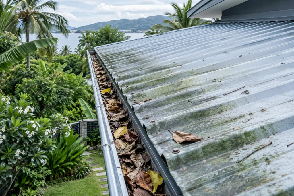 Rêu và lá cây tích tụ trên mái tôn cần kiểm tra