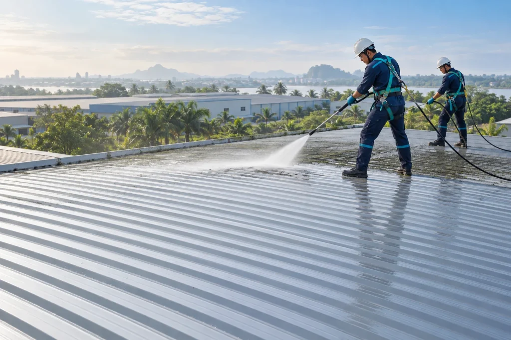 Đội vệ sinh mái tôn với thiết bị chuyên dụng